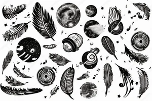A telescope on tiny planet surrounded by music, feathers and stars tattoo idea