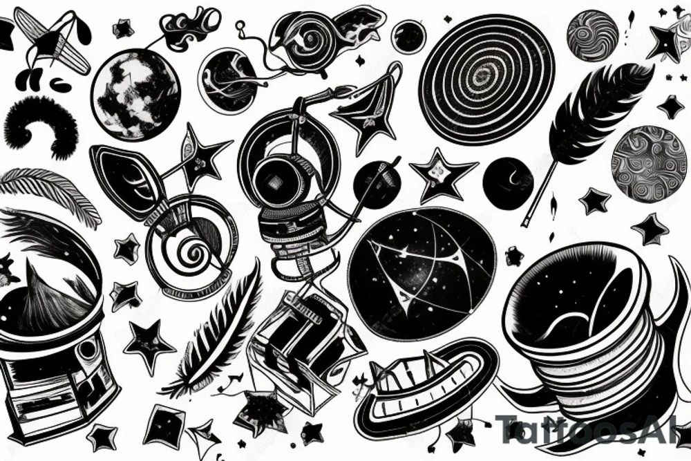 A telescope on tiny planet surrounded by music, feathers and stars tattoo idea