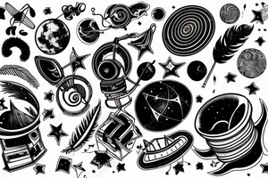 A telescope on tiny planet surrounded by music, feathers and stars tattoo idea