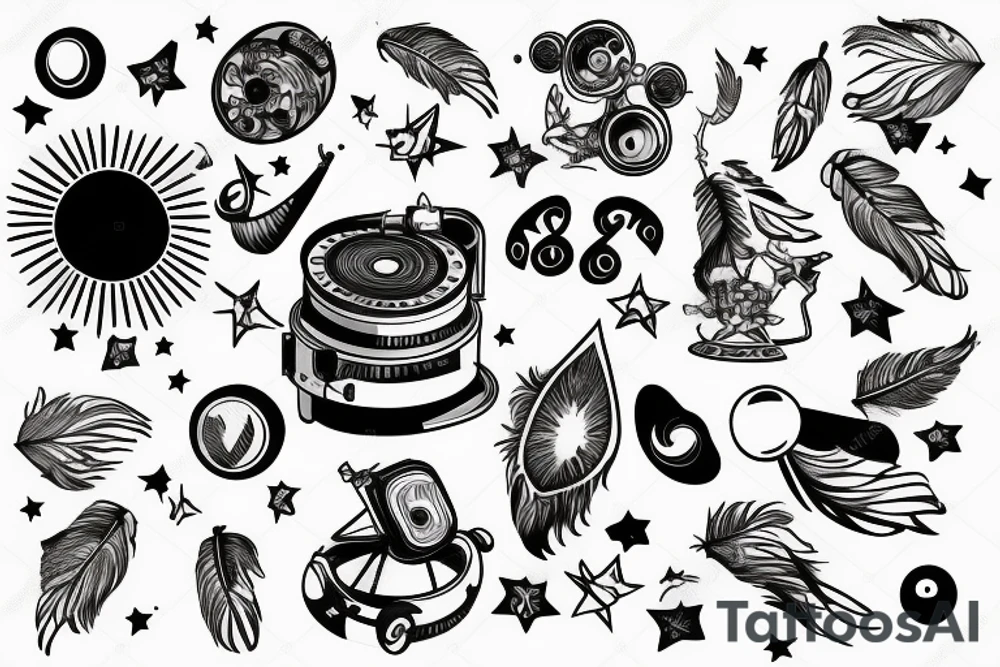A telescope on tiny planet surrounded by music, feathers and stars tattoo idea