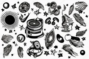 A telescope on tiny planet surrounded by music, feathers and stars tattoo idea