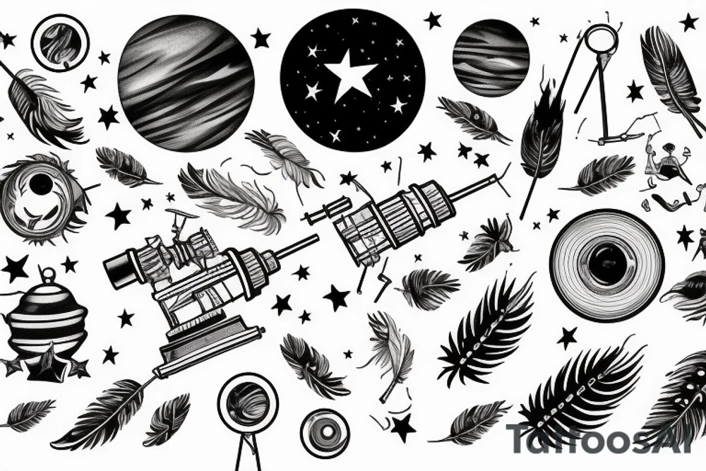 A telescope on tiny planet surrounded by music, feathers and stars tattoo idea