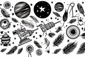 A telescope on tiny planet surrounded by music, feathers and stars tattoo idea
