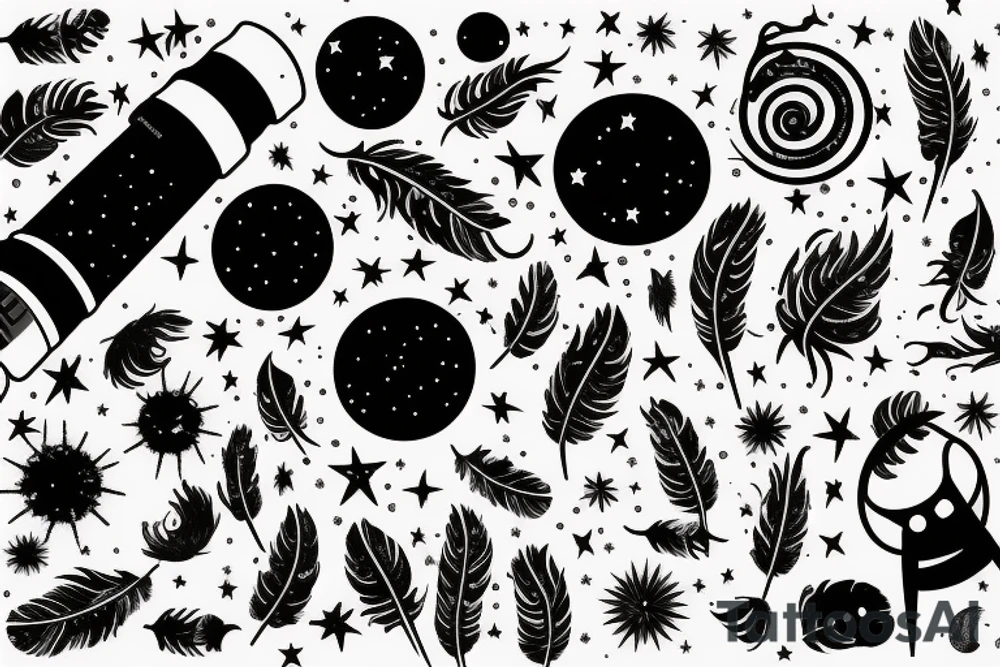 A telescope on tiny planet surrounded by music, feathers and stars tattoo idea