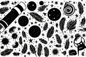 A telescope on tiny planet surrounded by music, feathers and stars tattoo idea