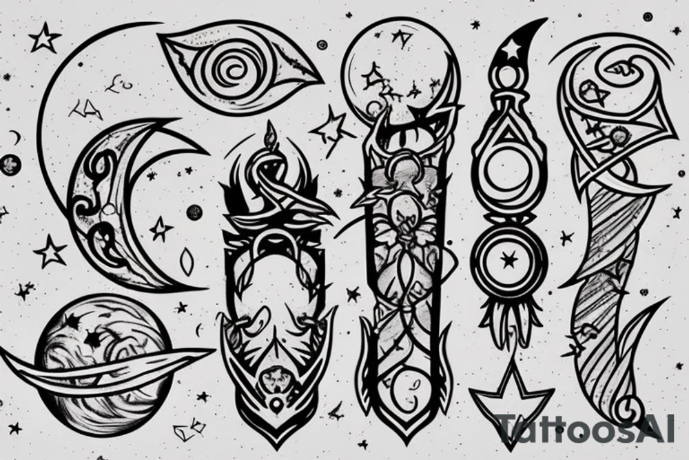 A tattoo of the "Moon Stick," a magical wand wielded by Sailor Moon, surrounded by stars and crescent moons. tattoo idea