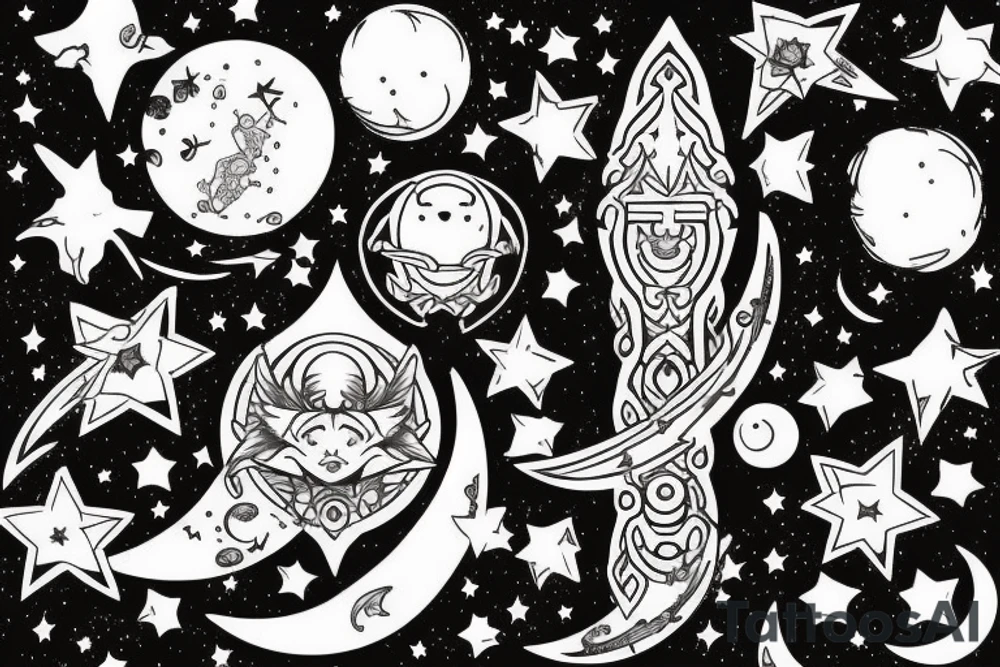 A tattoo of the "Moon Stick," a magical wand wielded by Sailor Moon, surrounded by stars and crescent moons. tattoo idea