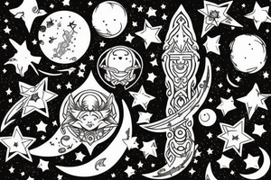 A tattoo of the "Moon Stick," a magical wand wielded by Sailor Moon, surrounded by stars and crescent moons. tattoo idea