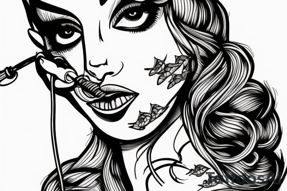 girl lips with fishing hook through it tattoo idea