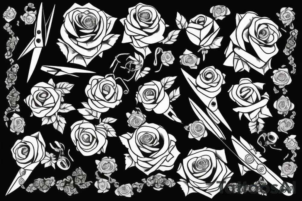 A pair of scissors with two roses, one rose on one side and the other on the other a little higher. near the handle of the scissors will have the number: 188 tattoo idea