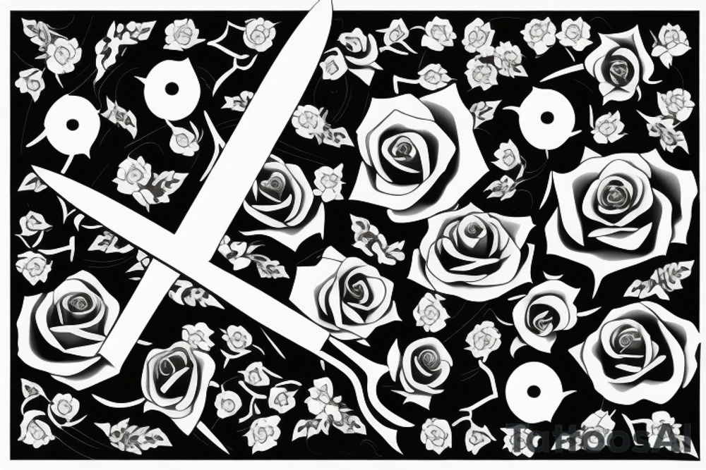 A pair of scissors with two roses, one rose on one side and the other on the other a little higher. near the handle of the scissors will have the number: 188 tattoo idea