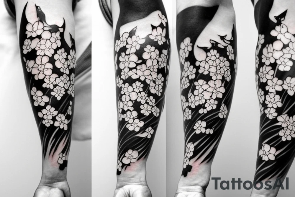japanese style forearm tattoo with cherry  blossoms and a black cat for a man tattoo idea