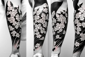 japanese style forearm tattoo with cherry  blossoms and a black cat for a man tattoo idea