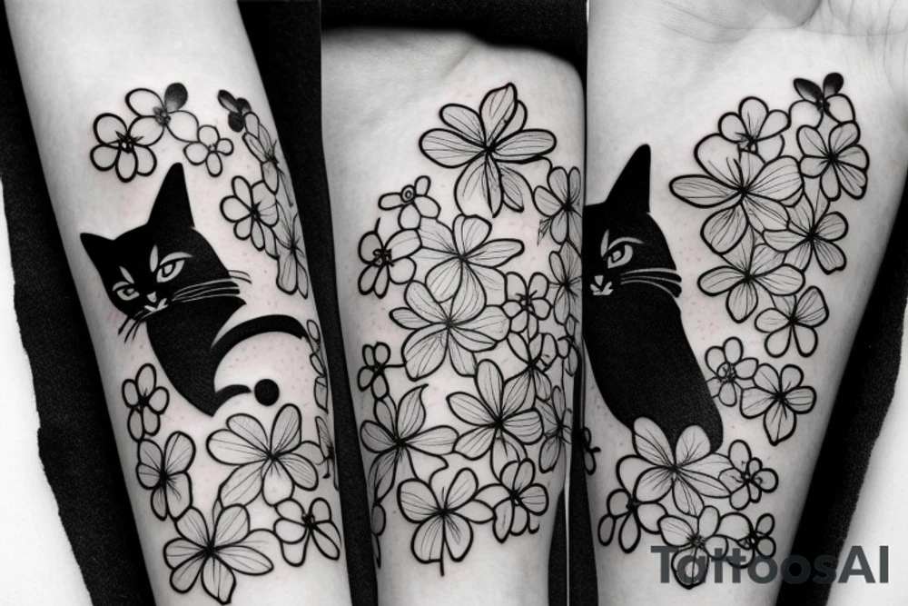 japanese style forearm tattoo with cherry  blossoms and a black cat for a man tattoo idea
