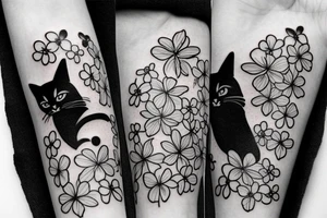 japanese style forearm tattoo with cherry  blossoms and a black cat for a man tattoo idea
