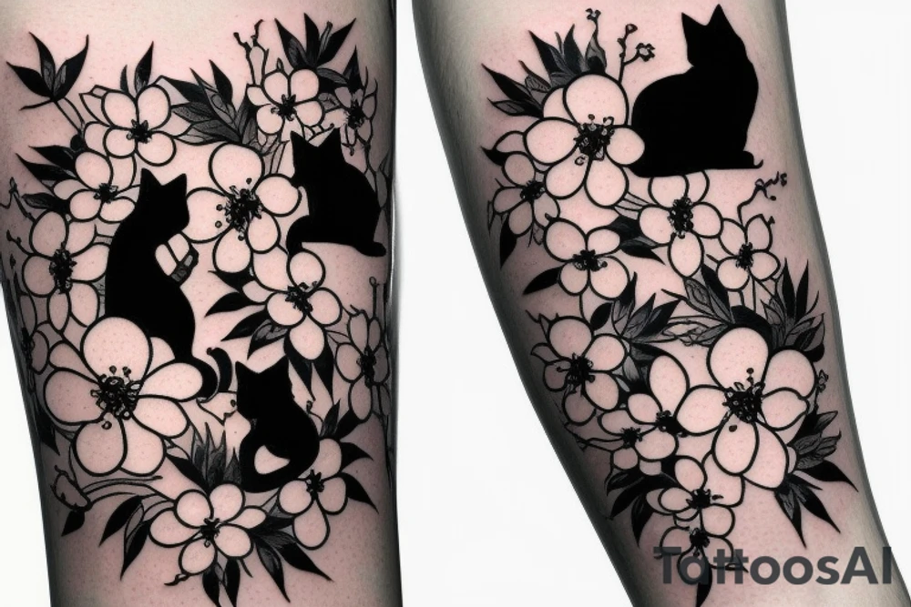 japanese style forearm tattoo with cherry  blossoms and a black cat for a man tattoo idea