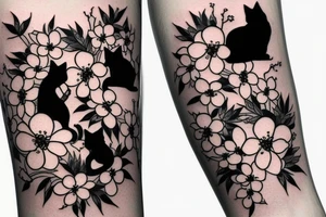 japanese style forearm tattoo with cherry  blossoms and a black cat for a man tattoo idea