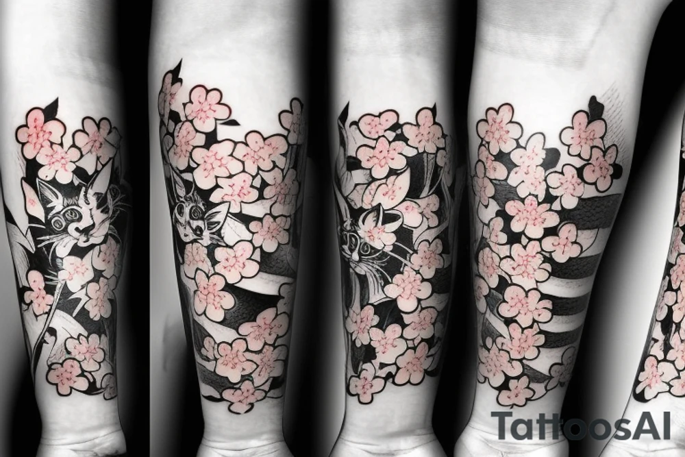japanese style forearm tattoo with cherry  blossoms and a black cat for a man tattoo idea