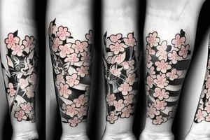japanese style forearm tattoo with cherry  blossoms and a black cat for a man tattoo idea