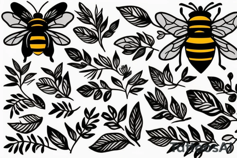 cute bees in flowers and leaves tattoo idea