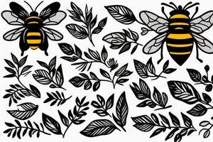 cute bees in flowers and leaves tattoo idea