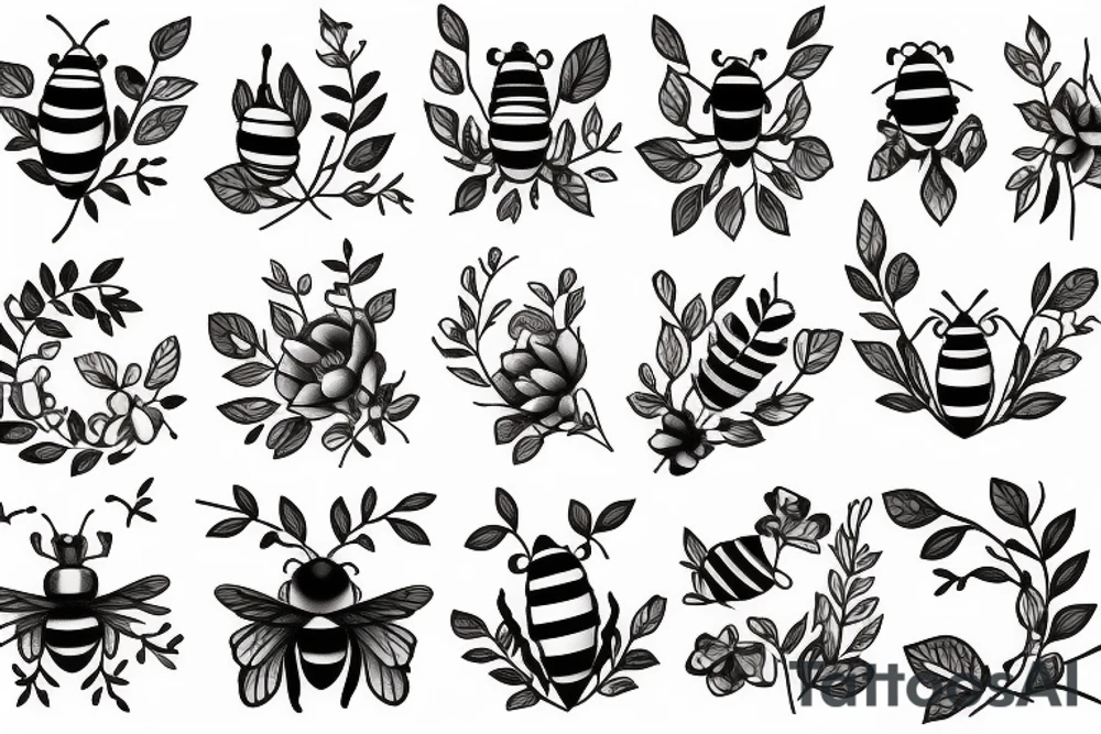 cute bees in flowers and leaves tattoo idea