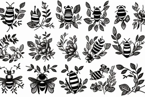 cute bees in flowers and leaves tattoo idea