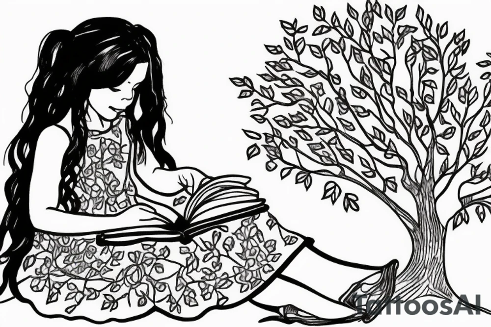 little girl in dress sitting under willow tree reading a book tattoo idea