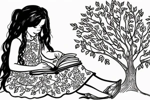 little girl in dress sitting under willow tree reading a book tattoo idea