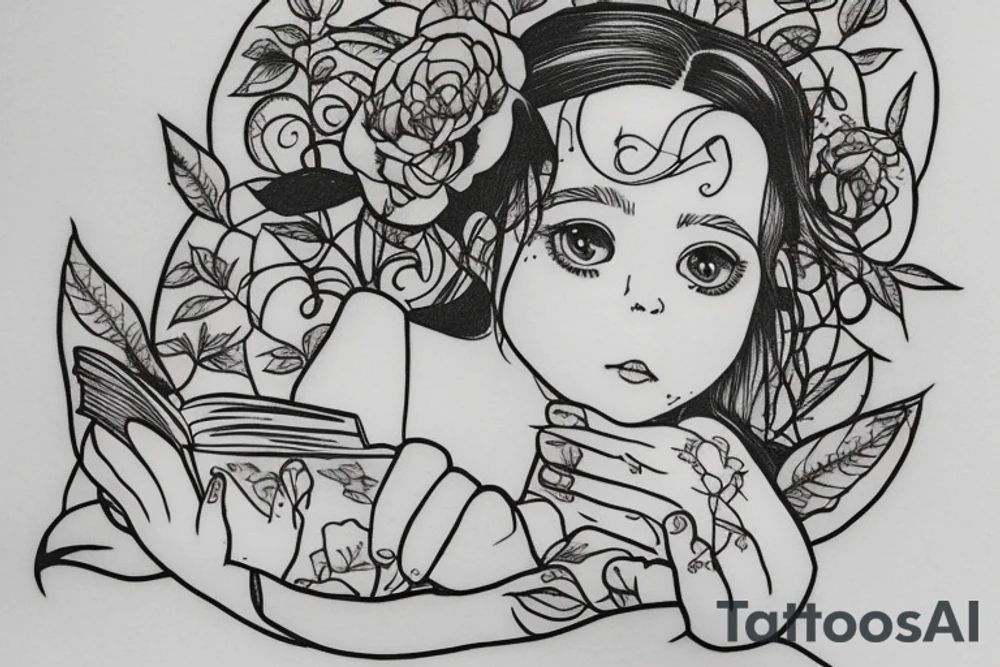 little girl in dress sitting under willow tree reading a book tattoo idea