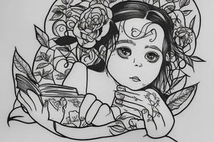 little girl in dress sitting under willow tree reading a book tattoo idea