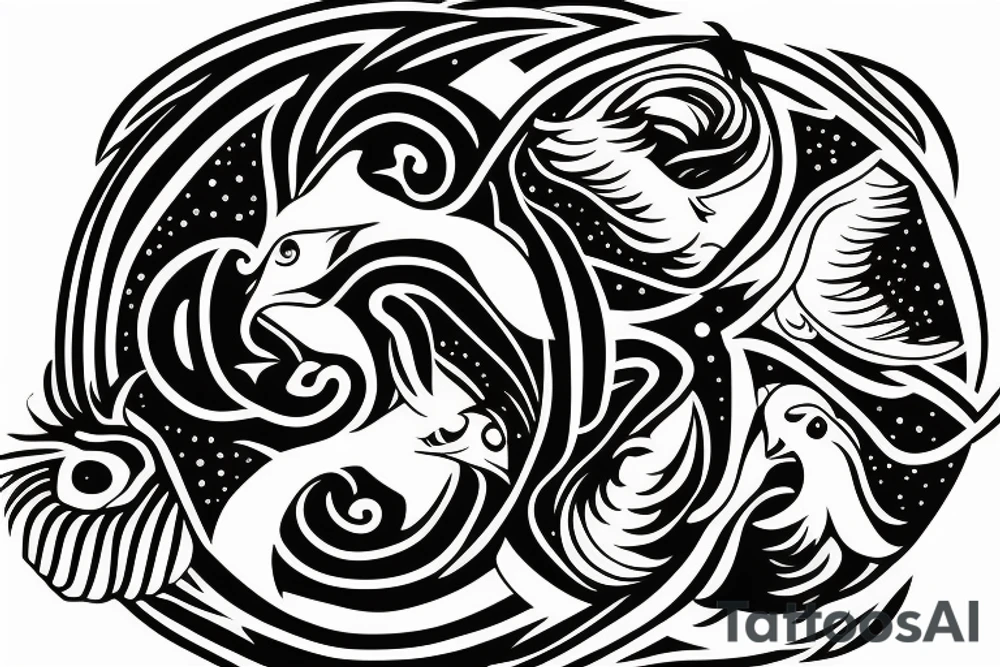 Abstract eagle with yin yang pisces sign tattoo idea
