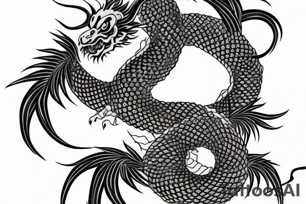 Japanese dragon around a vine following Japanese letters tattoo idea
