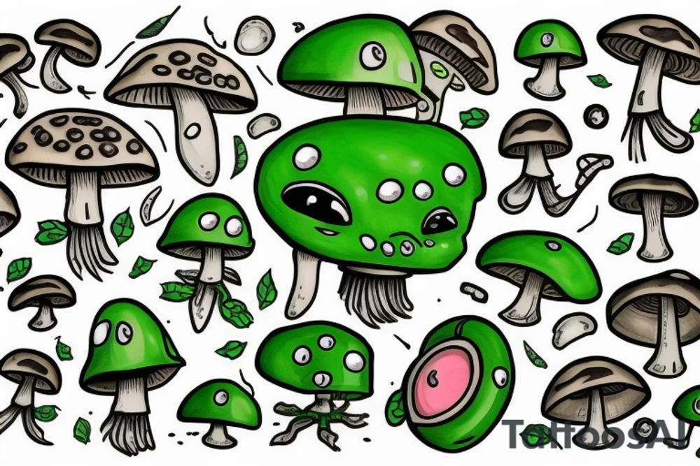 Green robot mushroom tattoo idea