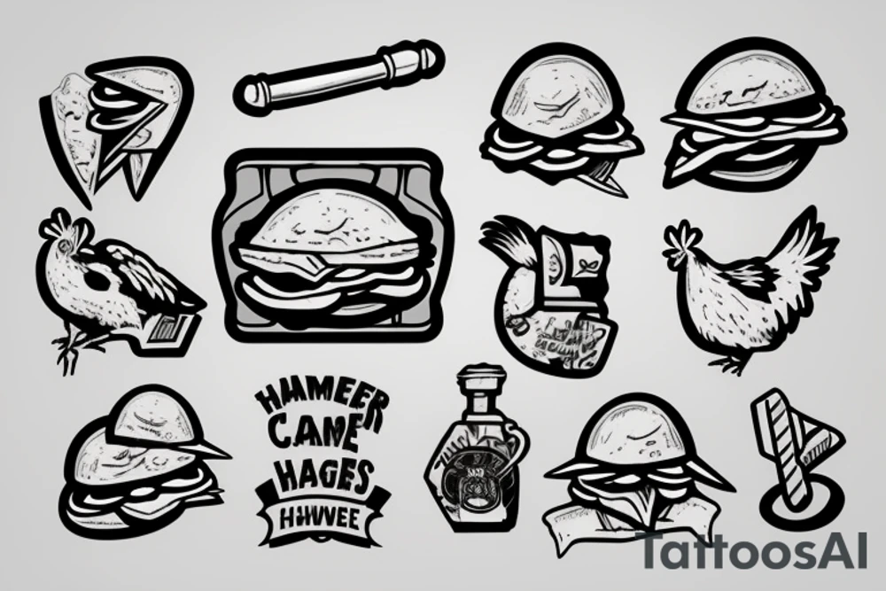 Hammer with chicken sandwich tattoo idea