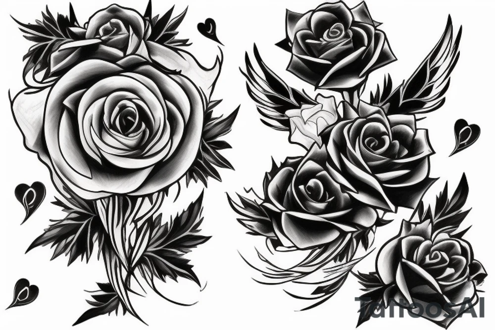 Phoenix carrying 3 black roses in one hand and a bleeding heart in the other tattoo idea