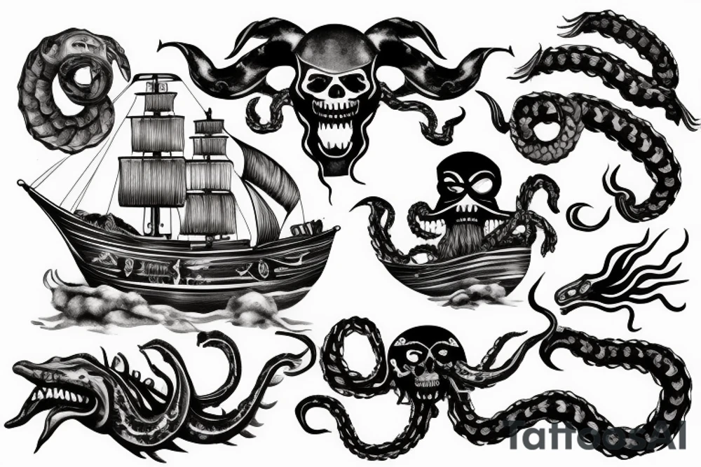 Kraken engulfing pirate ship tattoo idea