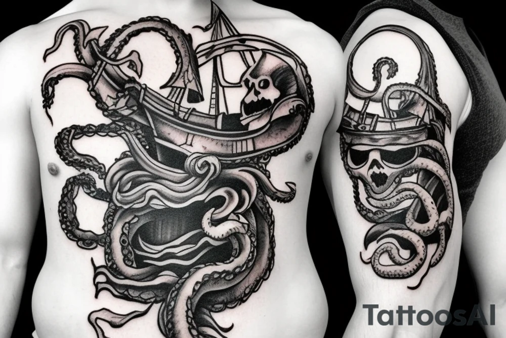 Kraken engulfing pirate ship tattoo idea