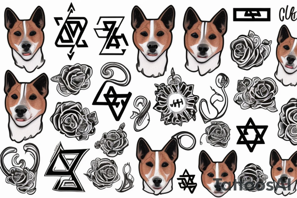 Basenji dog with jewish signs tattoo idea