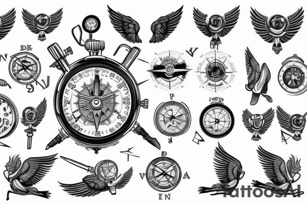 wings with a compass and a clock tattoo idea