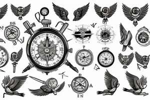 wings with a compass and a clock tattoo idea