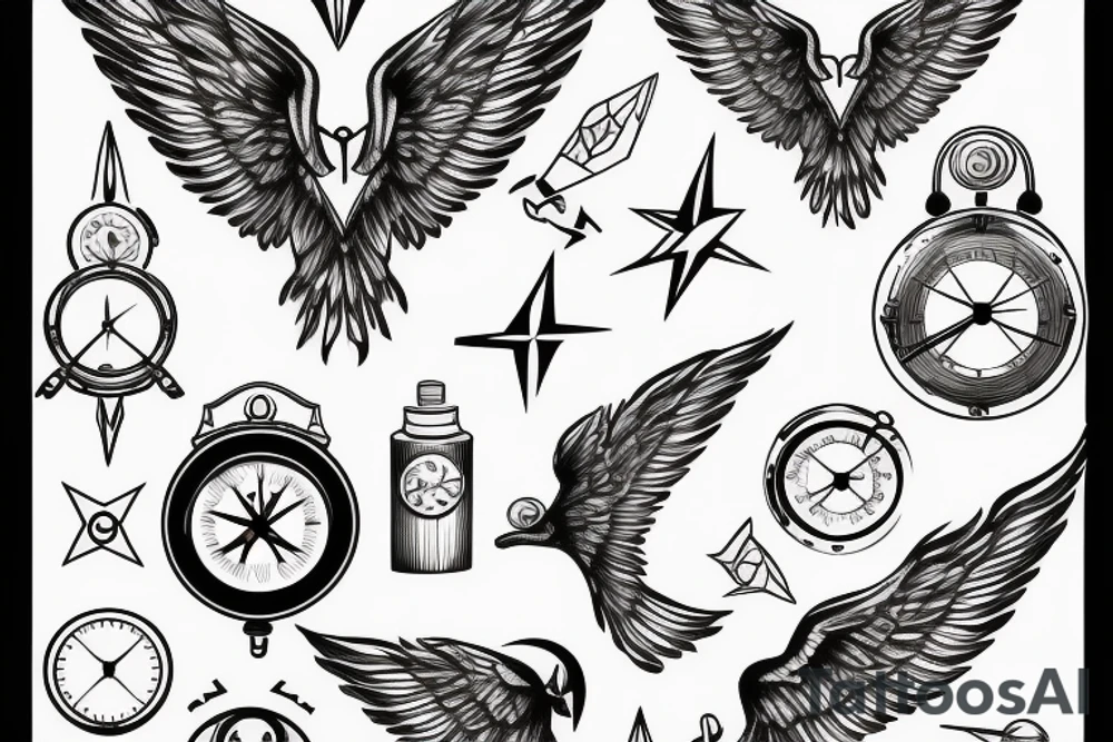 wings with a compass and a clock tattoo idea