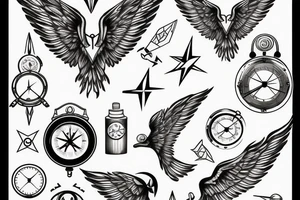 wings with a compass and a clock tattoo idea