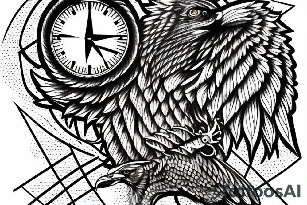 realistic eagle with a compass and a clock tattoo idea