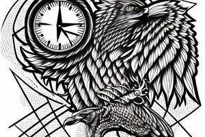 realistic eagle with a compass and a clock tattoo idea