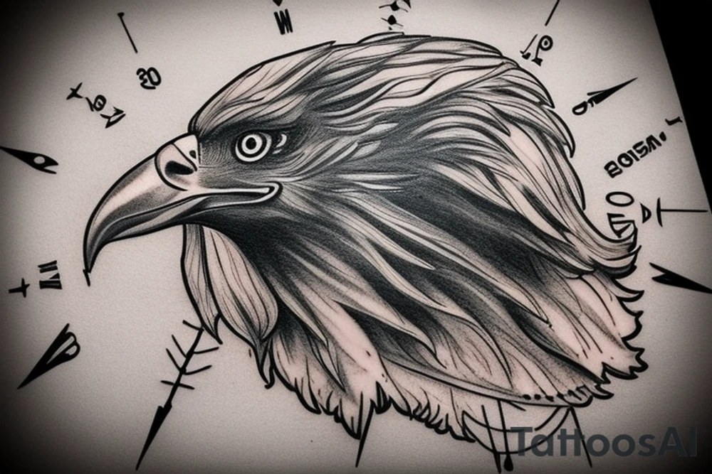 realistic eagle with a compass and a clock tattoo idea