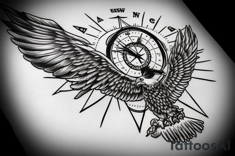 realistic landing eagle with a compass and a clock tattoo idea