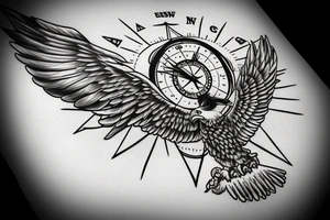 realistic landing eagle with a compass and a clock tattoo idea