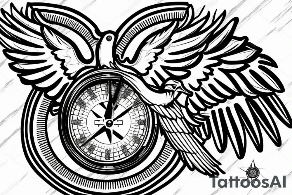 realistic landing eagle with a compass and a clock tattoo idea
