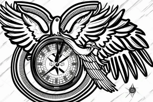 realistic landing eagle with a compass and a clock tattoo idea